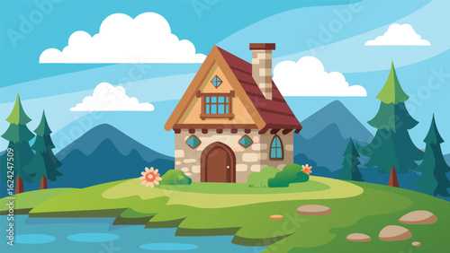 Charming storybook cottage on hillside with forest and lake