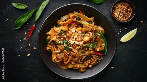 Pad see ew thai stir-fried rice noodles with vegetables and meat on black background, top view food photography, authentic asian cuisine dish




