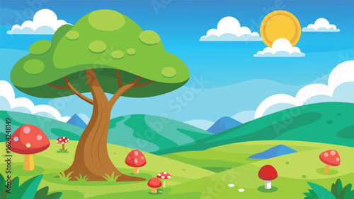Whimsical fantasy landscape with giant mushroom grove