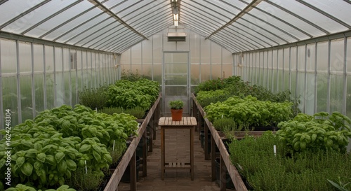 Lush Greenhouse Interior with Rows of Fresh Herbs and Vegetables Under Natural Light