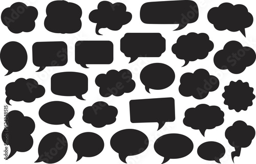 Black speech bubbles collection, comic dialogue shapes, blank talk clouds, chat message icons, vector illustration, communication symbols, text box design, dialog balloon set