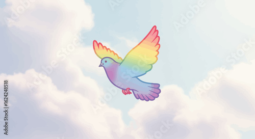 A colorful, cartoon-style dove with rainbow wings soars through a cloudy sky.