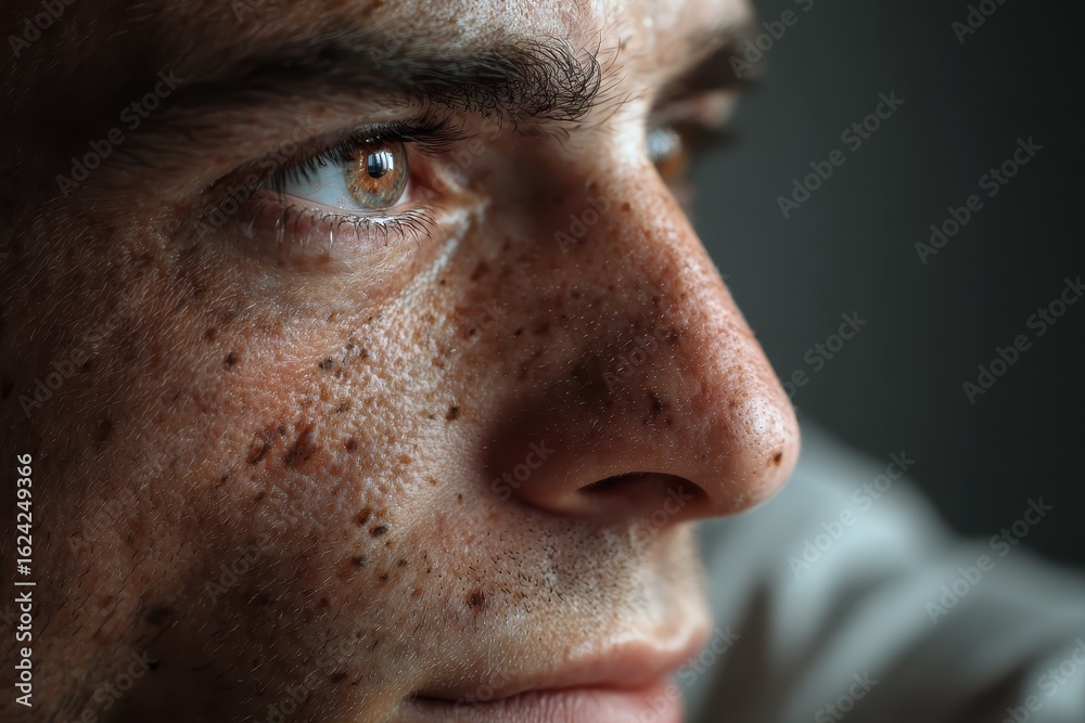 Obraz premium Close-up view of an adult male showcasing intricate facial details and natural textures in a well-lit environment capturing an intimate moment