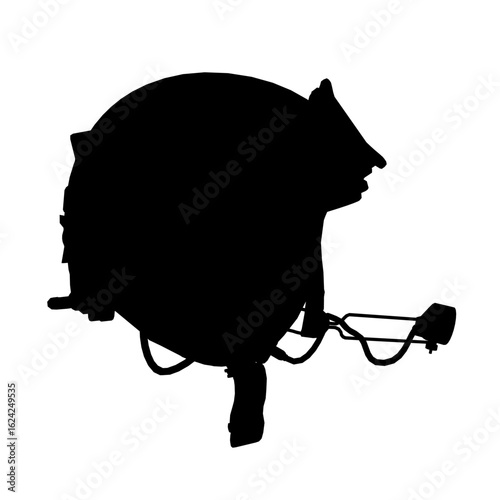 Black and white silhouette of a pilot's aviation helmet isolated on a clean white background, featuring sharp contrast and detailed outlines. Ideal for military, flight training, or aviation-themed.
