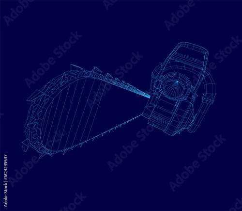 Chainsaw blueprint with detailed wireframe lines on a vibrant blue background, featuring a clearly outlined white handle and sharp blade for strong contrast.