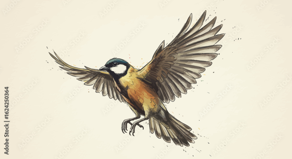 Fototapeta premium A detailed illustration of a Eurasian tit in flight, showcasing its wings outstretched.