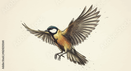 A detailed illustration of a Eurasian tit in flight, showcasing its wings outstretched.