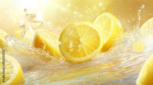 Refreshing citrus splash with vibrant lemon slices and droplets frozen in motion on a white background, perfect for healthy summer beverage and natural drink concepts





