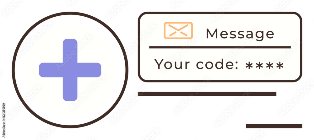 Fototapeta premium Enclosed email icon, verification code text field, and purple plus symbol indicating account setup or recovery. Ideal for login, registration, authentication, security, access, recovery simple flat