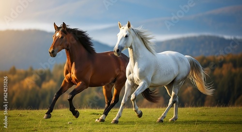 Two horses running freely in a sunlit meadow with mountains in the background