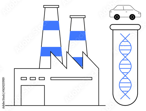 Factory building, DNA helix inside test tube, and car representing innovation, science, and technology. Ideal for biotechnology, industrial advancement, genetic engineering, sustainability
