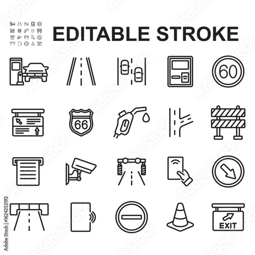 Toll road icon set. Thin line style vectors. Contains icons such as toll cards, road signs, toll gates, and more.
