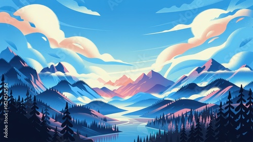 Serene mountain landscape with flowing river and dramatic cloudy sky