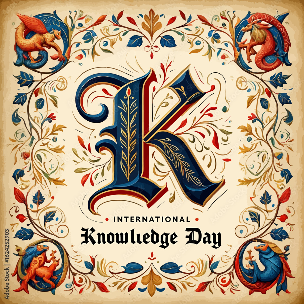 Obraz premium Ornate initial k for international knowledge day with decorative border