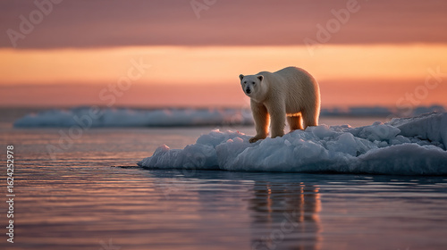 Solitary polar bear on ice floe at sunset; wildlife stock photo arctic
