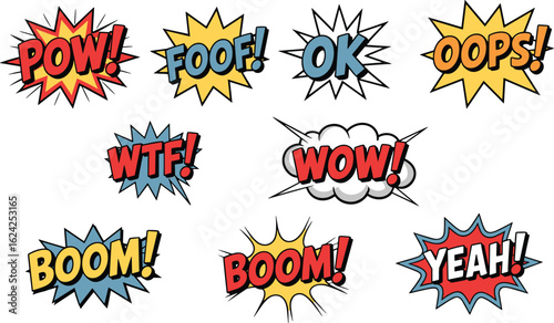 Comic book speech bubbles, colorful sound effects, cartoon expressions, pop art style, explosion graphics, vibrant text, onomatopoeia words, comic style icons