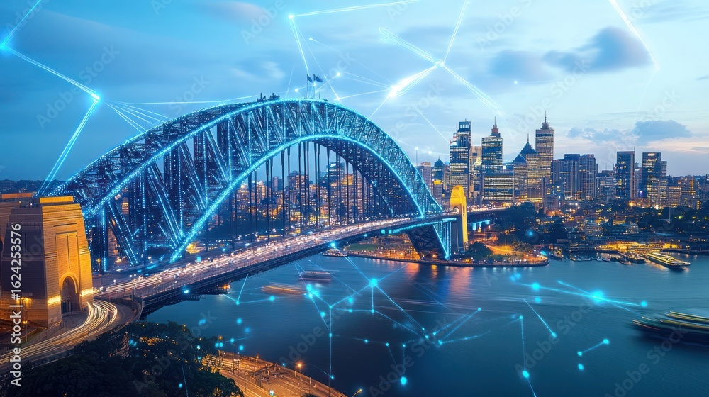Obraz premium Sydney's Connectivity: A Futuristic View of the Harbour Bridge and Cityscape