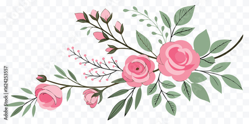 Elegant Pink Rose Bouquet Illustration with Green Leaves for Wedding Invitations and Floral Designs Beautiful Aesthetic
