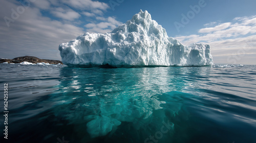Blue iceberg emerging from sea under partly cloudy sky; stock photo arctic