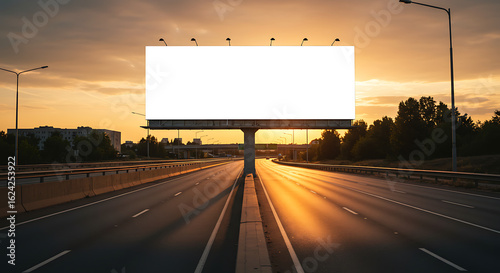 Fototapeta Naklejka Na Ścianę i Meble -  Highway Billboard Mockup at Golden Hour Sunset