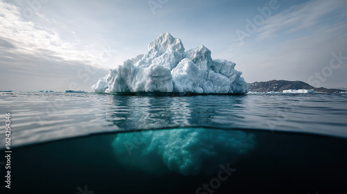 Majestic arctic iceberg in turquoise water under blue sky; stock photo for nature