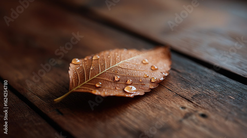 Dew-covered brown leaf on wood; macro stock photo for organics