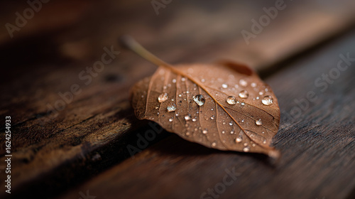 Close-up wet autumn leaf with dew; nature stock photo textured
