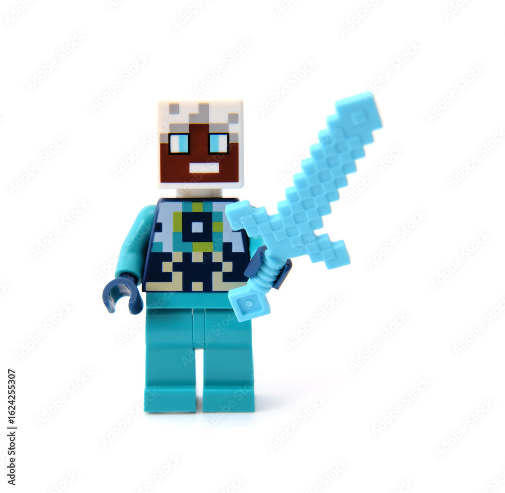 Naklejka premium Editorial illustrative image of lego minifigure of character from popular video game Minecraft with panda isolated on white.