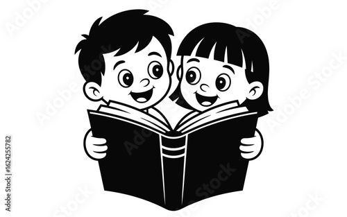 Two happy children reading a book together