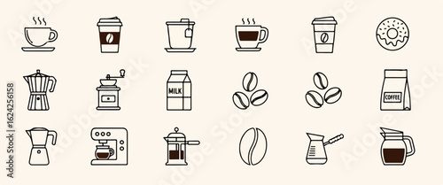 Coffee and Tea Icons: Cups, Beans, Makers, and Treats Line Art