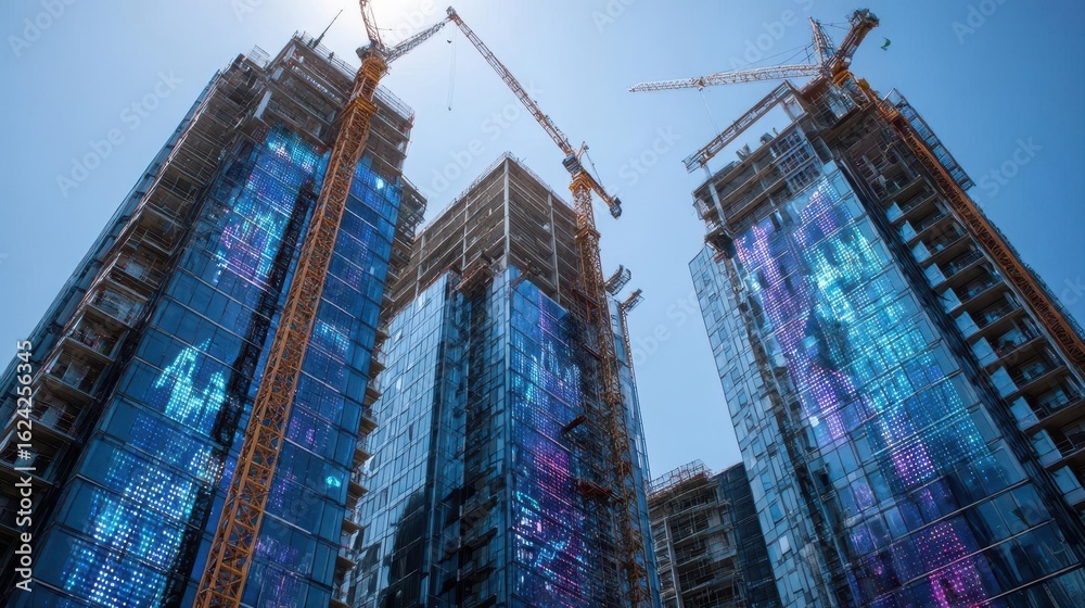 Fototapeta premium Skyscrapers Under Construction with Digital Facades