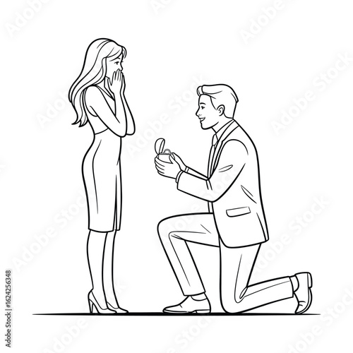 Man proposes to woman with ring on one knee in sketch style
