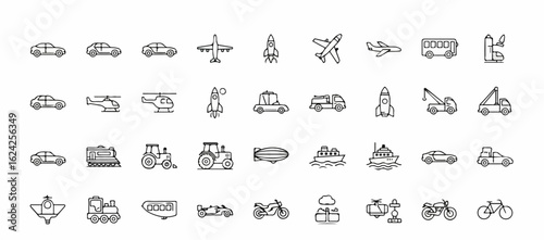 Hand-drawn transportation icon set featuring cars, planes, rockets, and boats in a minimalist black outline style.