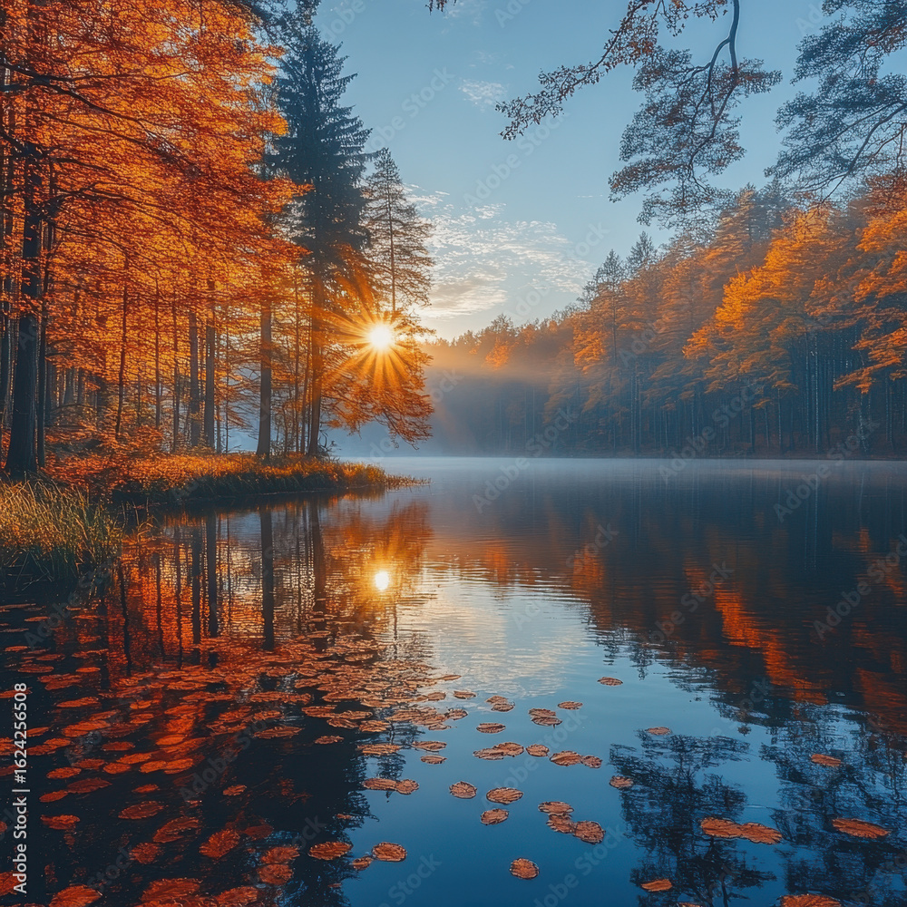 Naklejka premium Sun shining through trees at a serene lake.
