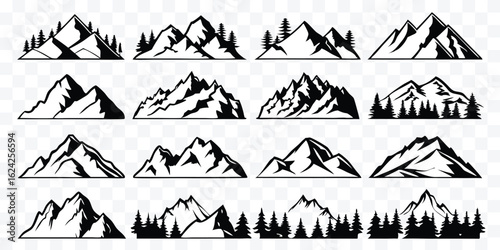 Collection of Black and White Mountain Illustrations Featuring Diverse Peaks and Evergreen Tree Silhouettes for Outdoor Adventure Designs