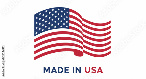 Made in USA label featuring a stylized, waving American flag with bold blue text underneath.