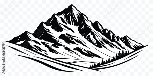 Majestic Mountain Peak Silhouette with Snow and Forest Vector Illustration Ideal for Outdoor Adventure and Nature Themes Graphics