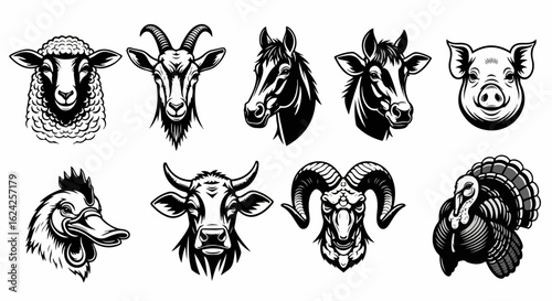 Collection of Stylized Farm Animal Head Illustrations in Black and White