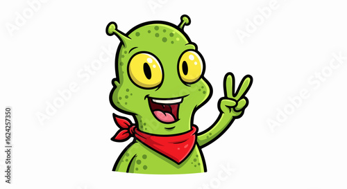 Happy green cartoon alien with a red bandana making a peace sign gesture.