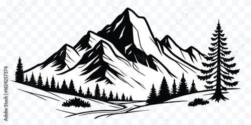 Majestic mountain range landscape illustration with pine trees and winding river in black and white simple design