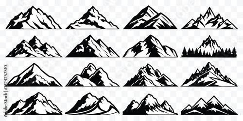 Mountain range silhouettes collection for outdoor adventures and nature designs with sharp peaks and varied landscapes