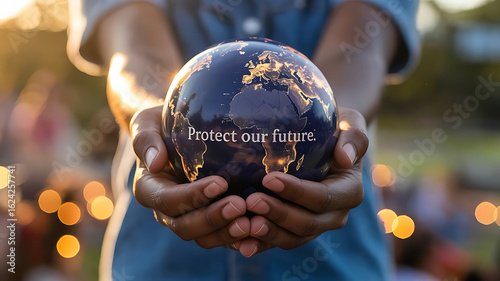 Hands holding glowing earth with text globe protect