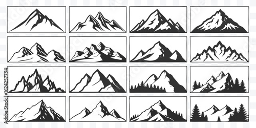 Collection of Mountain Range Vector Silhouettes for Outdoor Adventure and Nature Designs featuring Peaks and Ridges