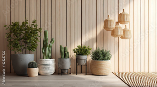 Potted cacti and succulents on wooden shelf; minimalist stock photo