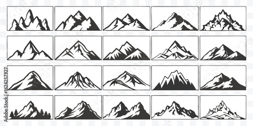 Set of Mountain Range Silhouette Illustrations for Outdoor Adventure and Nature Exploration Designs Black and White Graphics