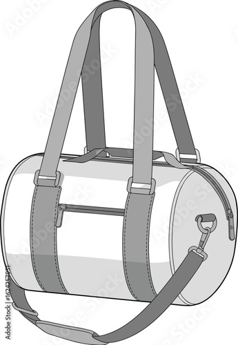 Detailed technical vector drawing of round gym duffel bag, CAD style illustration, travel shoulder bag design, fashion accessory