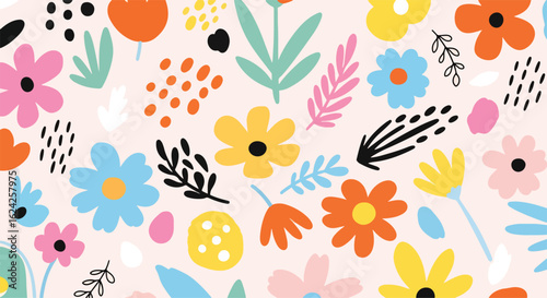 flat illustration of a vibrant and playful floral background seamless pattern with stylized flowers, leaves, and abstract shapes. Perfect for cheerful kids designs