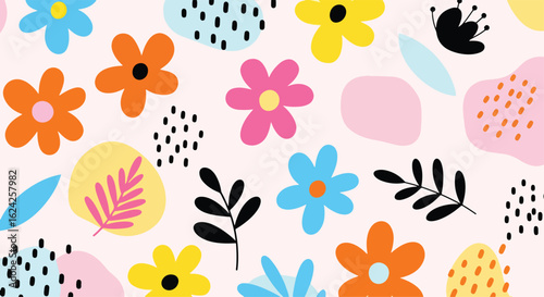 flat illustration of a vibrant and playful floral background seamless pattern with stylized flowers, leaves, and abstract shapes. Perfect for cheerful kids designs