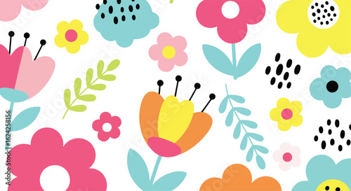Wallpaper Mural flat illustration of a vibrant and playful floral background seamless pattern with stylized flowers, leaves, and abstract shapes. Perfect for cheerful kids designs Torontodigital.ca