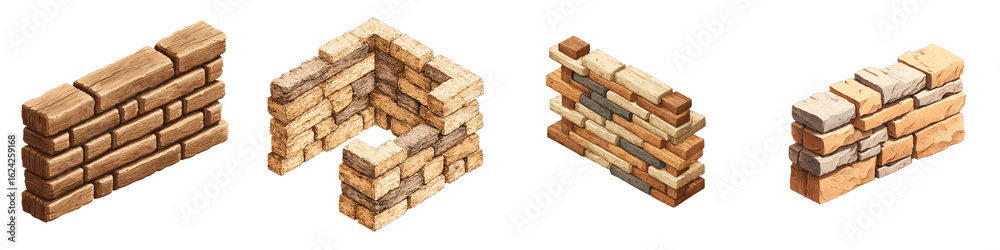 Fototapeta premium Watercolor Isometric Brick Wall Sections on White